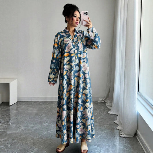 Plus Size Rafiah Women's Summer Arabian Dress 2025 Botanical Print A-Line Long Sleeve Lapel Draped Long Dress