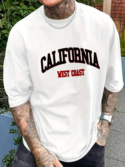 Summer Men's 100% Cotton Casual Sports Loose Large California West Coast Printed Comfortable Round Neck Short Sleeve T-shirt Top