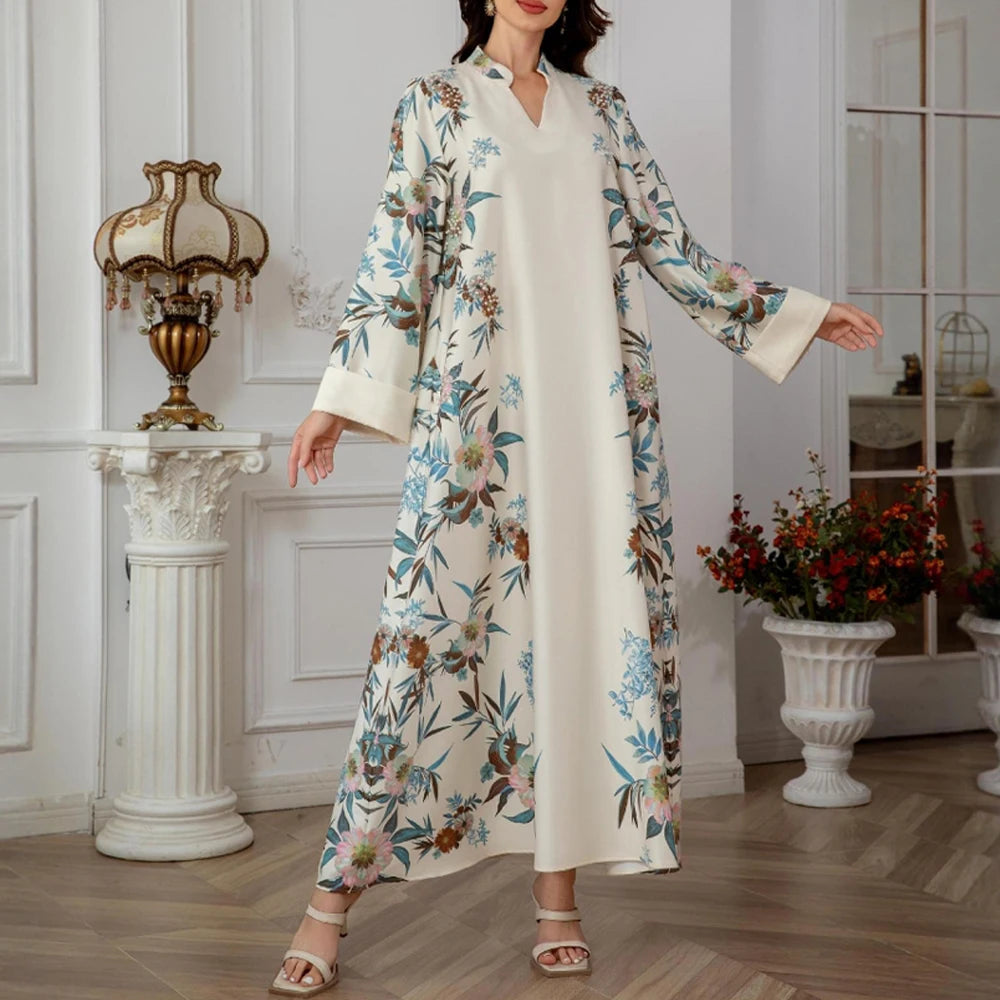 Rafiah Summer Dress 2025 Women's Arabian Elegant Botanical Print Rolled Long Sleeve Half Open Collar A-Line Midi Dress