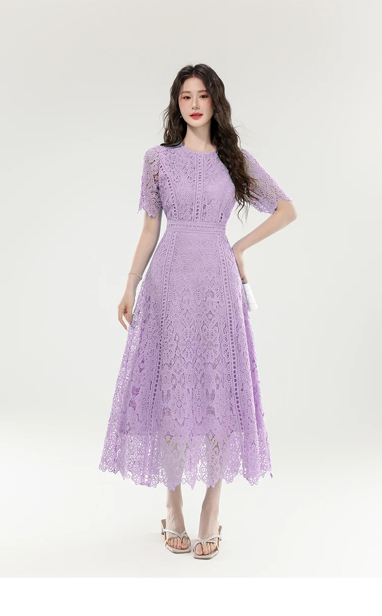 2025 New Summer French Elegant Fashion Evening Dress Women Lace Hollow Out Crochet Party Dress Casual Chic Holidays Clothing