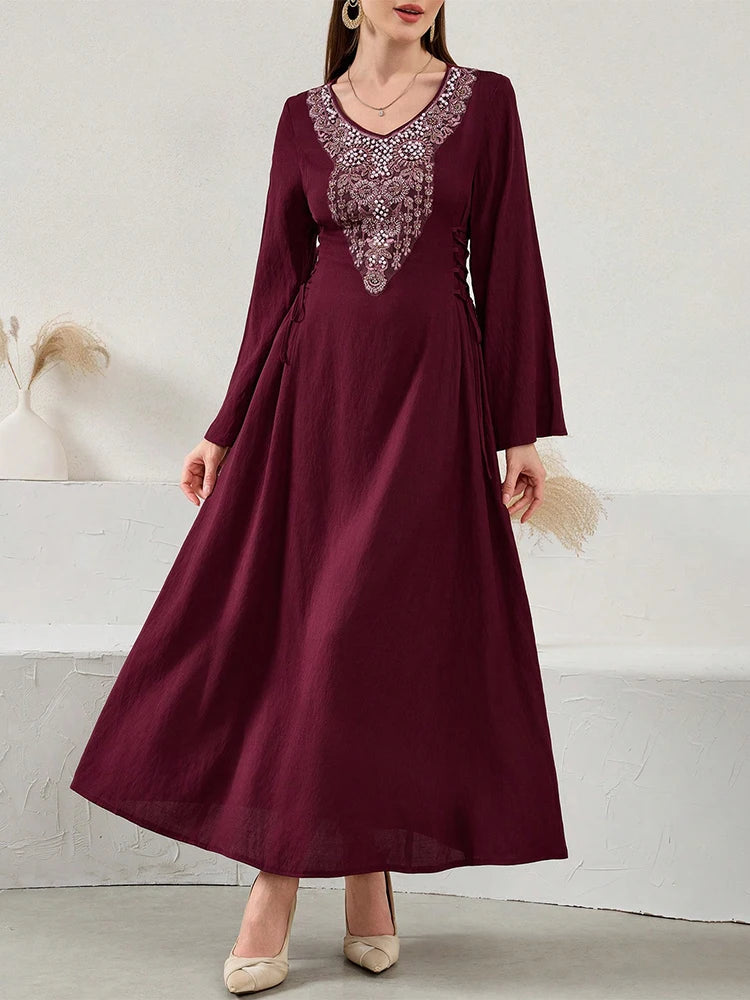 Rafiah Ramadan Emirati Lace-Up Long Sleeve Elegant Dress Crystal and Sequin Embellishments in Sober Burgundy for Women