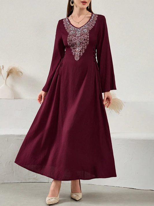 Rafiah Ramadan Emirati Lace-Up Long Sleeve Elegant Dress Crystal and Sequin Embellishments in Sober Burgundy for Women