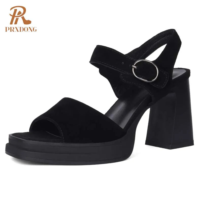 GrabliWorld Women’s Genuine Cow Suede Chunky High Heel Platform Sandals