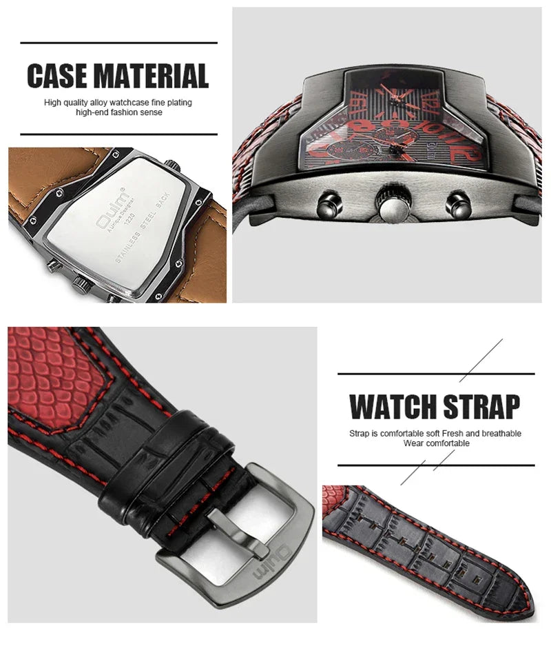 Oulm 1220 Luxury Brand Watch Retro Design Male Sport Wristwatch Leather Strap Watches Men's Two Time Zone Big Dial Quartz Clock