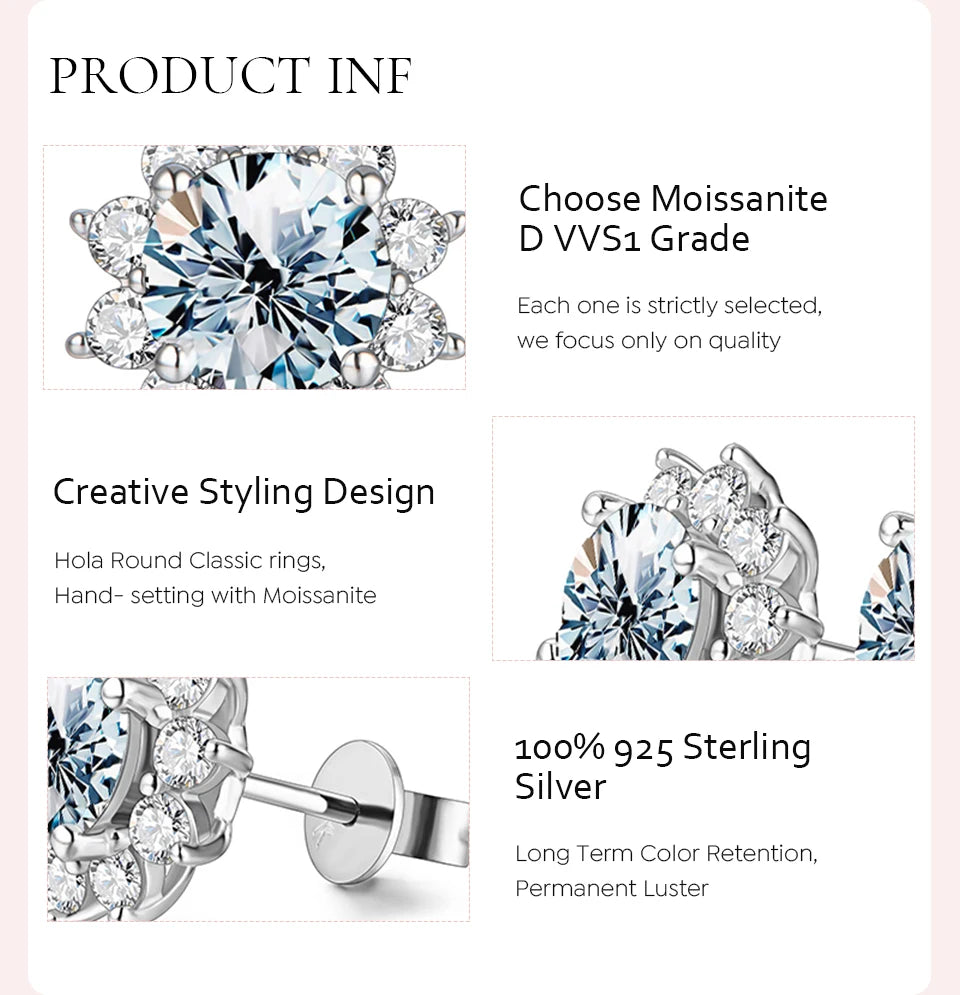 GRA Moissanite Diamond Unusual Halo Sun Flower Stud Earrings for Women 925 Sterling Silver Solitaire Wedding Party Fine Jewelry