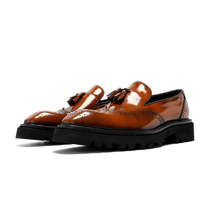Mens Genuine Leather Loafers Summer Slip On Breathable Thick Sole Brogue Tassel Casual Dress Shoes