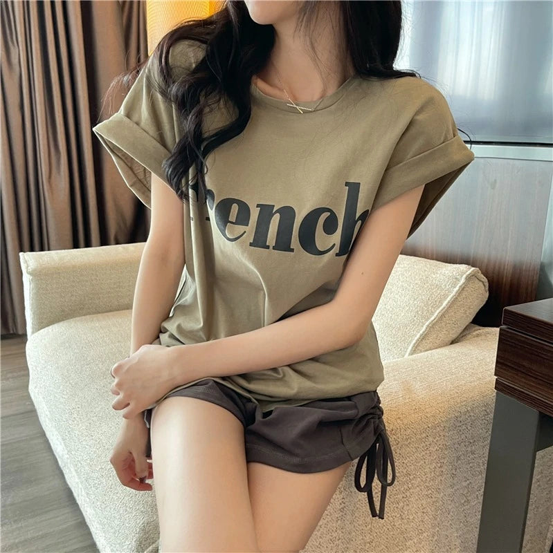 Loose ort Sve T-irt Women's Summer Thin Design Sense  Hong Kong Sle Chic Retro Top Trendy round Ne Polyester ...