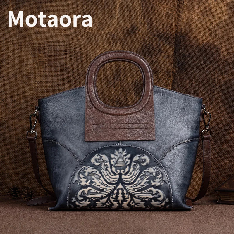 MOTAORA Genuine Leather Luxury Shoulder Bags for Women, Vintage Handmade Designer Cowhide Handbags with Embossed Details