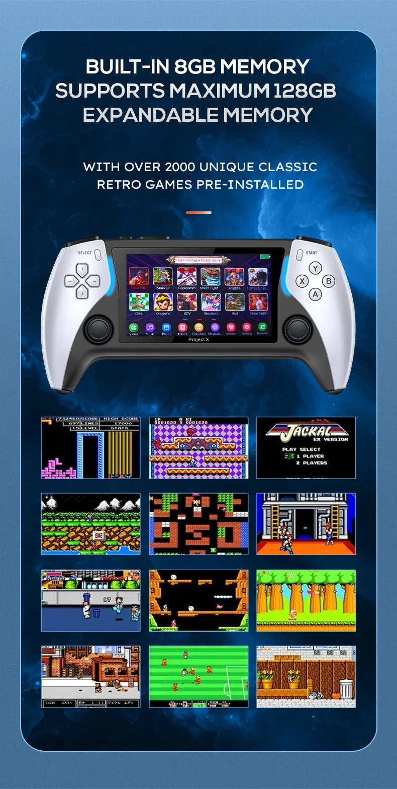 NEW Project X Portable Pocket Video Game Console 128G 4.3” IPS Screen Dual Speaker 40000+ Games For PS1 MAME CPS Children's Gift