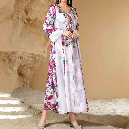 Rafiah Autumn Arabian Dress 2025 Women's Traditional Glamorous Diamonds Floral Full Print Long Sleeve Square Neck Long Dress
