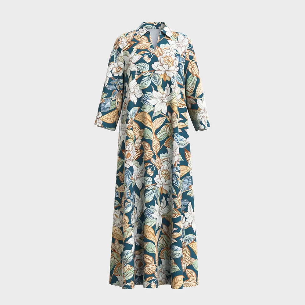Plus Size Rafiah Women's Summer Arabian Dress 2025 Flower Full Print Long Sleeve Lapel A-Line Long Dress
