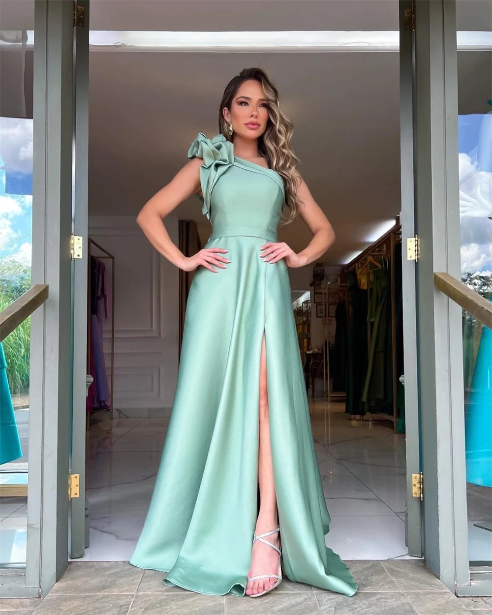 Mila Flower One Shoulder Prom Dresses 2025 Sleeveless Side High Split Chic Evening Dresses Floor-Length Customized Party Dresses