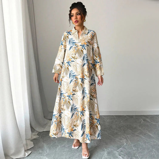 Rafiah Women's Summer Long Dress 2025 Arabian Dress Modest Fashion Long Sleeve V-Neck A-Line Maxi Full Print Casual Dress