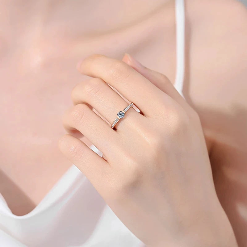 Tezzc 0.3ct D Color Moissanite Eternity Ring 925 Sterling Silver Women Ring Champagne color Commitment Wedding Jewelry With GRA