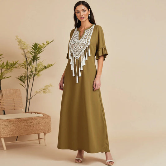 Rafiah Women's Long Dresses Summer Elegant Fashion 2025 Tassel Embroidery Short Sleeve V-Neck A Line Midi Vacation Dresses