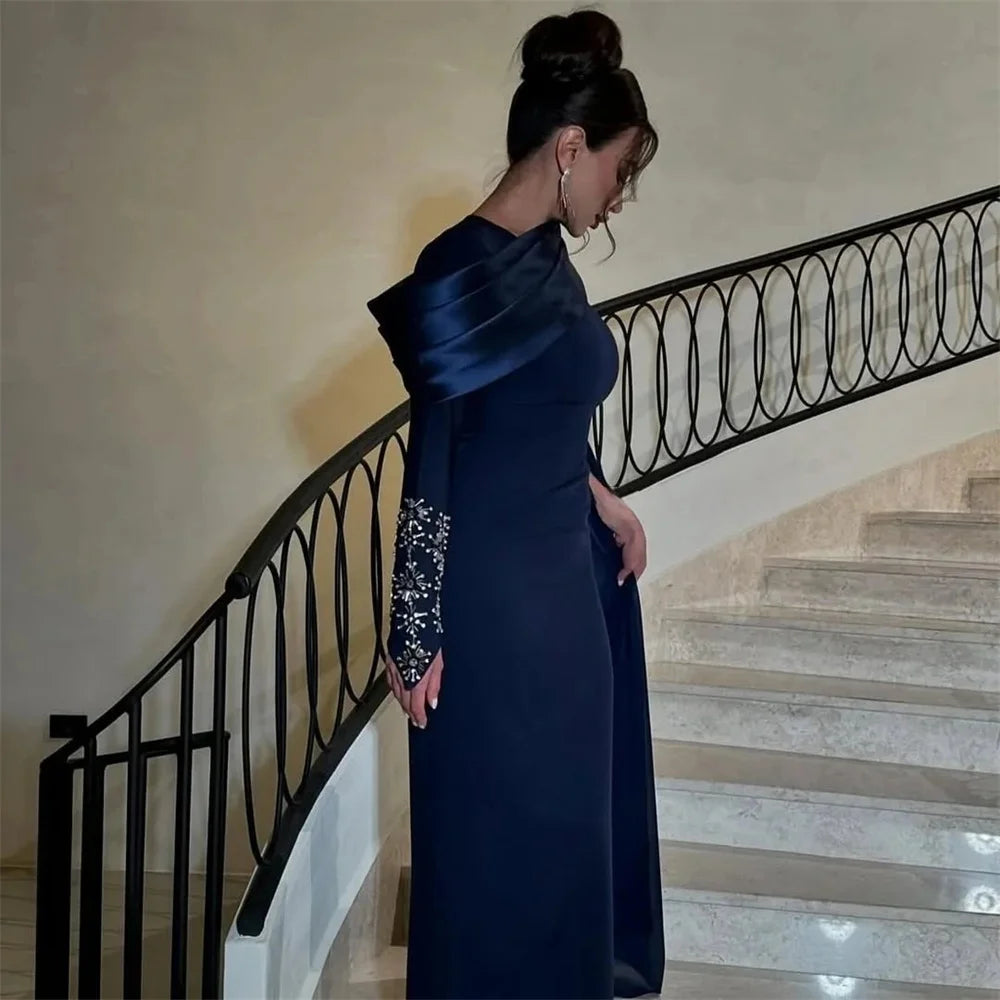 فساتين سهرة ميلا زرقاء داكنة بياقة دائرية وأكمام طويلة وسحاب للإغلاق وشال قابل للفصل وفساتين حفلات موسيقية مخصصة لعام ٢٠٢٥