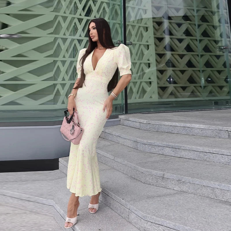 Women Sexy Patchwork Print Dress Fashion V-neck Short Puff Sleeve Hip Package Female Dresses 2025 Summer Urban Lady Robe