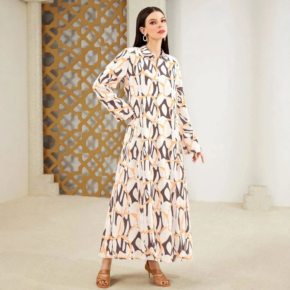 Plus Size Rafiah Women's Summer Arabian Dress 2025 Geometric Printing Long Sleeve Lapel A-Line Draped Long Dress
