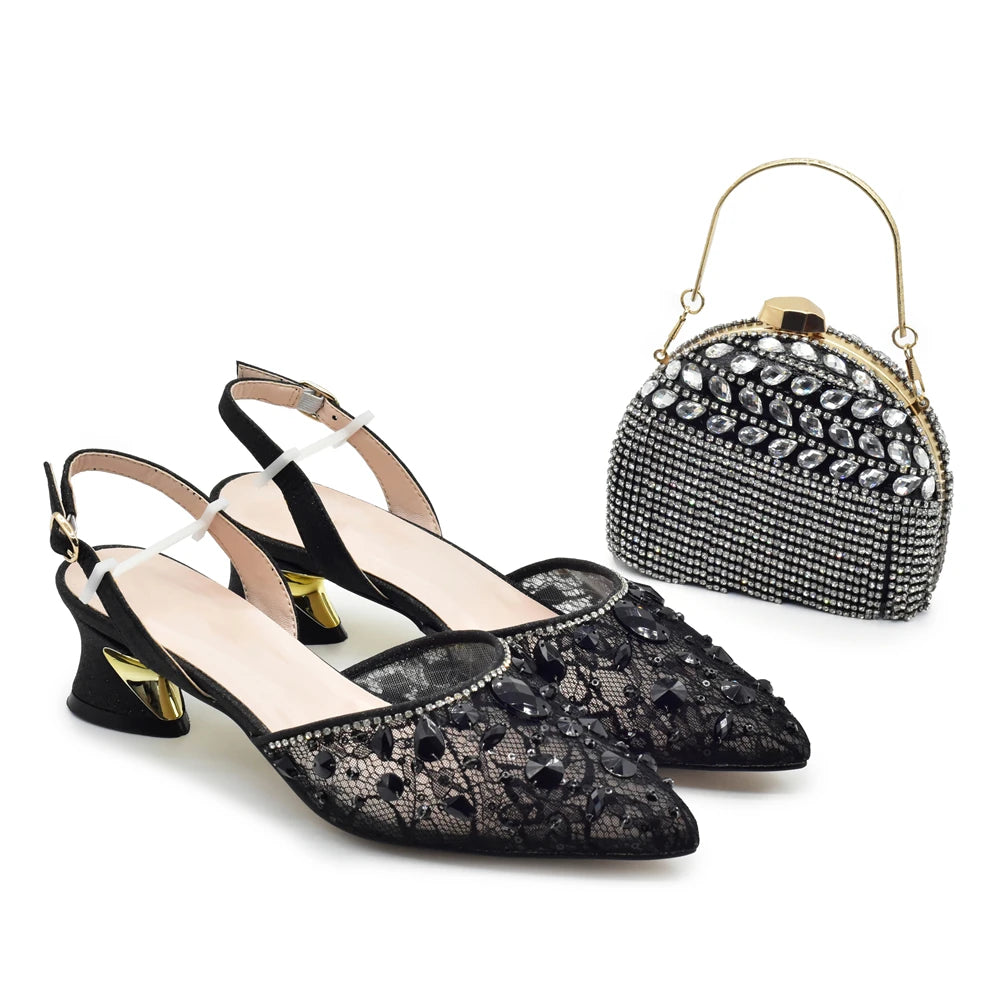 New Arrival Blue Shoes and Bags Set for Women Italian Shoe and Bag Set Designer 2025 Rhinestone Luxury Elegant Pumps for Women