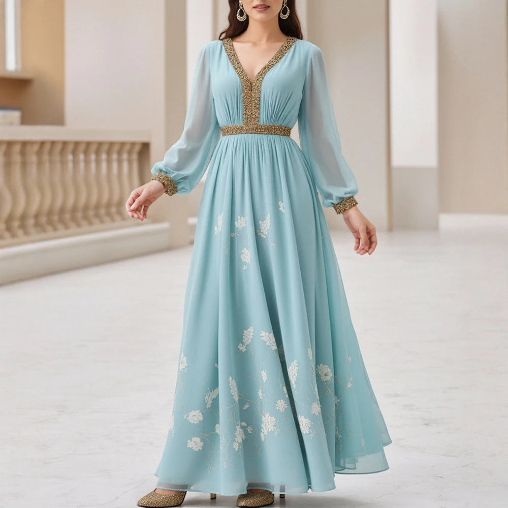 Rafiah Autumn Arabian Long Dress 2025 Modest Fashion Floral Patchwork Long Sleeve V-Neck Midi Shift Dresses For Women