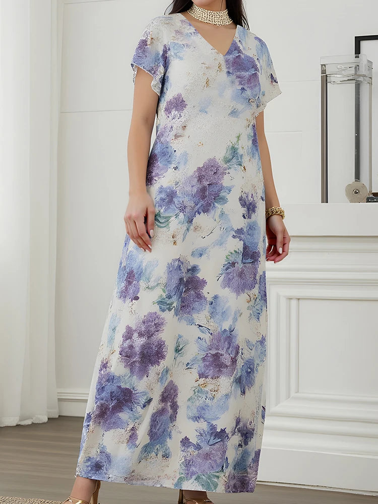 Rafiah Women's Dresses Summer 2025 Elegant Floral Print Contrast Color Short Sleeve V-Neck Daily Fashion Loose Dresses