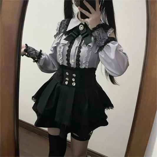 Kawaii Off Shoulder Long Sleeve Shirts Women Black Short Skirt Set Y2K Gothic Ruffle Skirts Lace Lolita Shirt Gown Suit ﻿﻿﻿﻿﻿