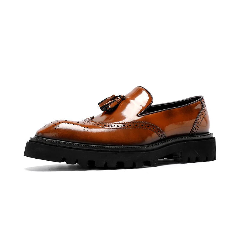 Mens Genuine Leather Loafers Summer Slip On Breathable Thick Sole Brogue Tassel Casual Dress Shoes