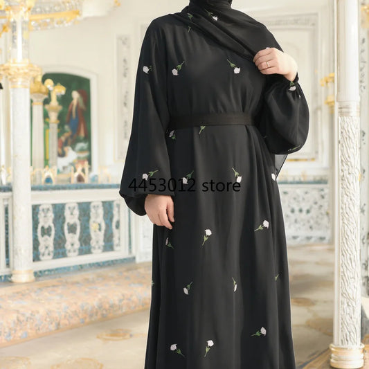 Rose Embroidery Abaya Dress for Women, Muslim Long Dress, Side Pockets, Hijabi Robe, Dubai Islamic Clothing, Ramadan, Party