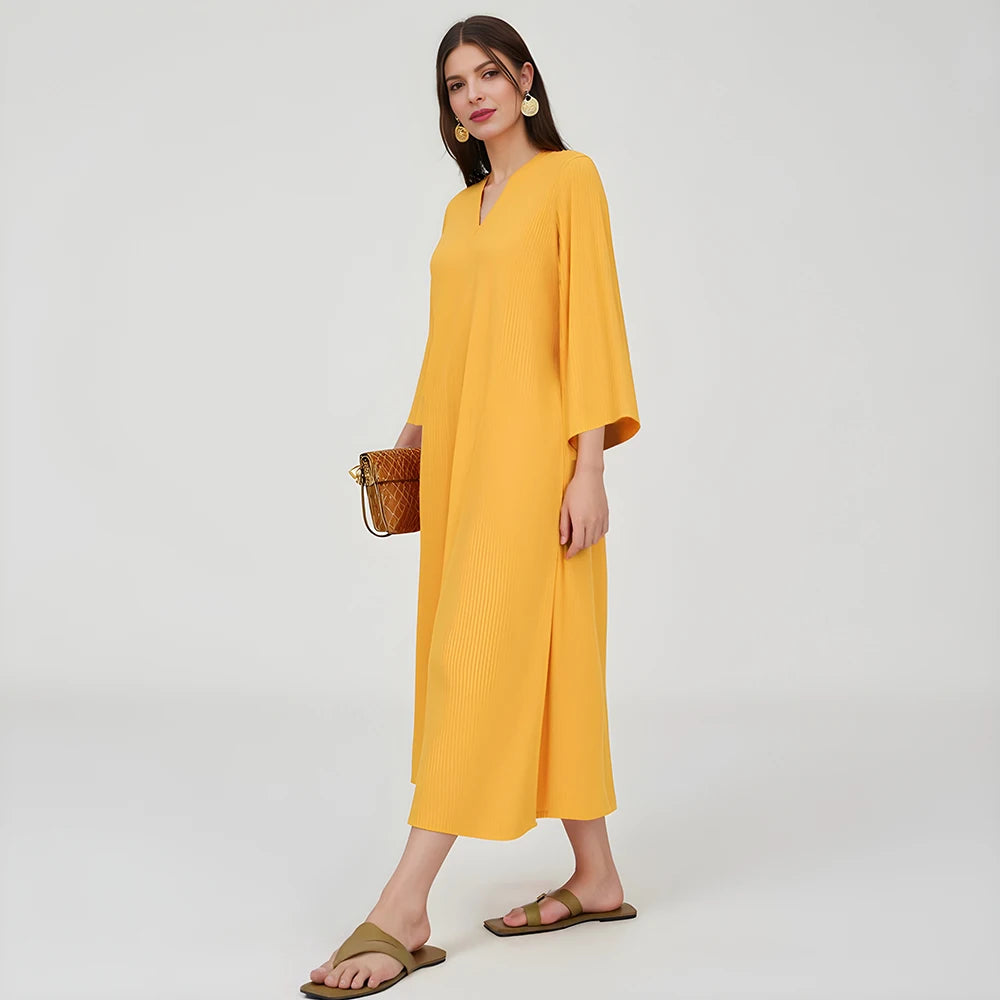 Rafiah Women's Dresses Summer Elegant Decent 2025 Plain Simple Long Sleeve V-Neck Midi A Line Casual Long Dress