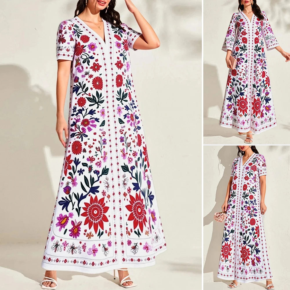 Woman wearing a floral dress with a white background