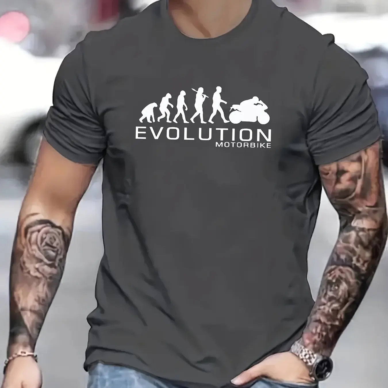 🏍️ Men’s Summer 100% Cotton Casual T-Shirt,Evolution Motorcycle Print | Loose Fit | Round Neck | Breathable Comfort