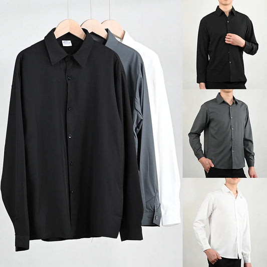 Summer Men's Shirt Long Sleeve Loose-fit Ice Silk Black White Gray Shirts Men Korean Style Casual Thin Top Male Fashion Clothes