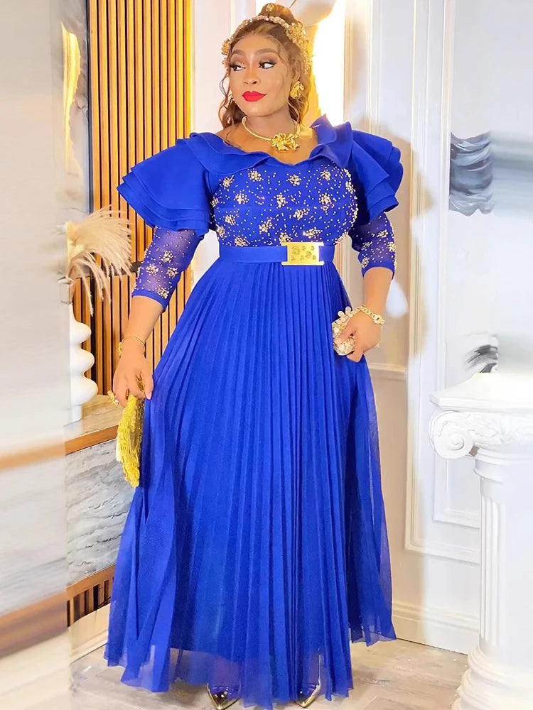 2025 Spring Long Dresses For Women Party Evening Gown African Dashiki Diamond Pleated Maxi Robe Dubai Turkey Kaftan Clothing