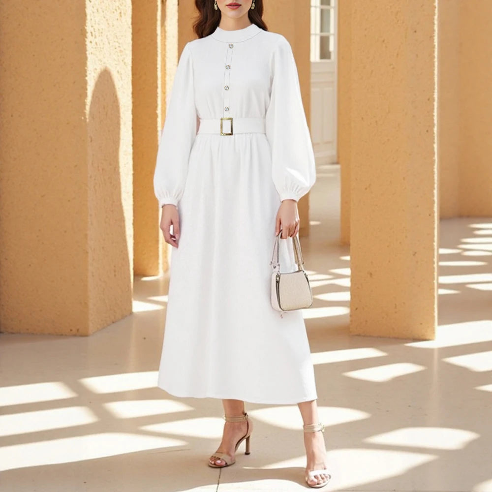 Rafiah Summer Dress 2025 Women's Decent Plain Long Sleeve Crew Neck High Waist A-Line Office Lady Long Arabian Dress