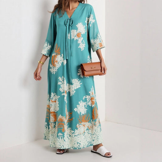 Rafiah Women's Dresses Summer Elegant 2025 Floral Opulent Long Sleeve V-Neck A-Line Midi Vacation Long Dresses