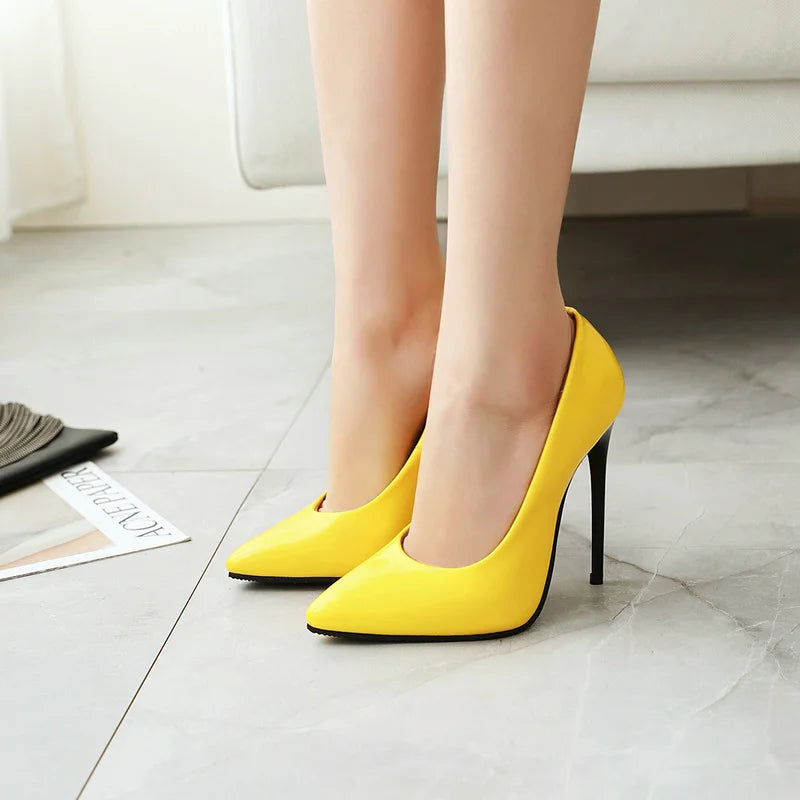 Women’s Pumps Classic Sexy Thin High Heels 12cm Patent Leather Stiletto Pointed Toe Party Elegant Office Shoes Big Size 34-48