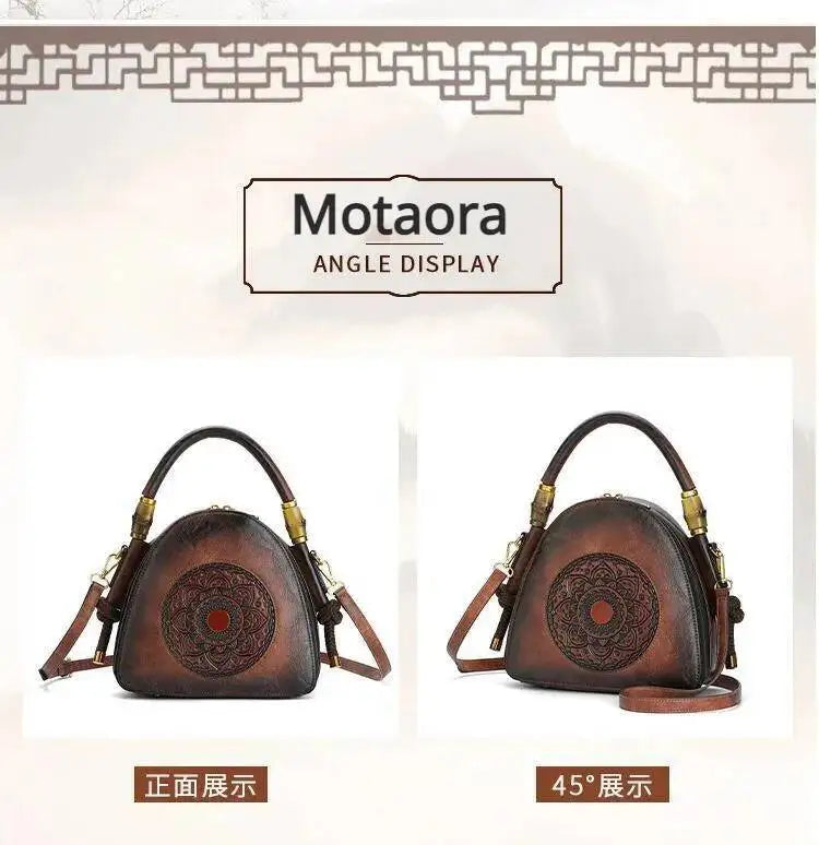 MOTAORA Bamboo Top Handle Embossed Leather Shoulder Bag, Vintage Bohemian Crossbody Purse for Women Handmade Large Capacity Tote