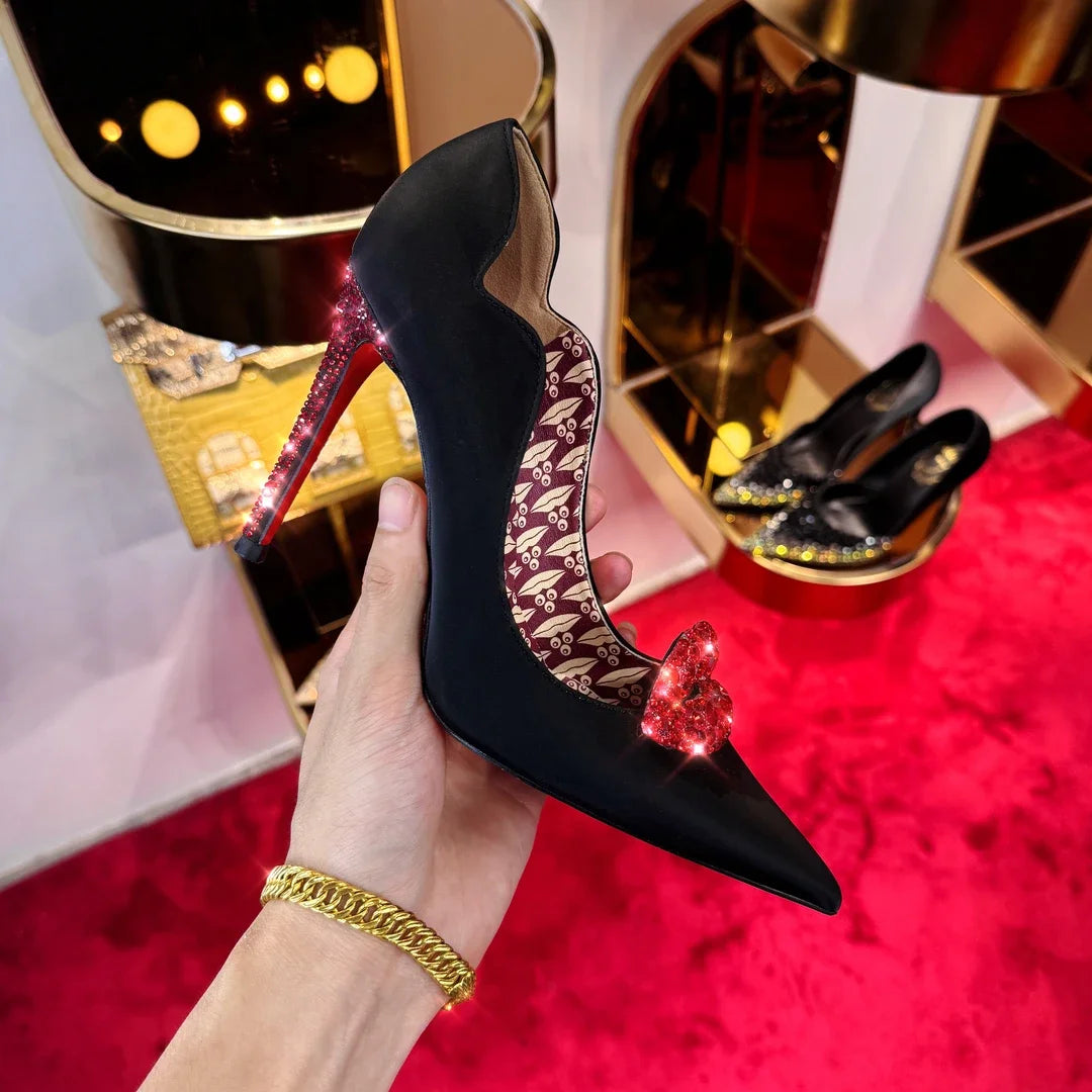 Black High Heels Women's 2025 Spring and Autumn New Shallow Toe Lipstick Lips Sexy Temperament Thin Heels Pointed Slip On Pumps
