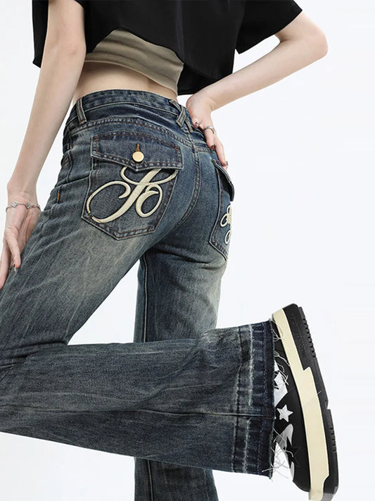 Vintage Women's Denim Low Rise Slightly Flared Jeans Pant Retro Pattern Printed Trendy Skin Fit Casual Daily Streetwear Trousers