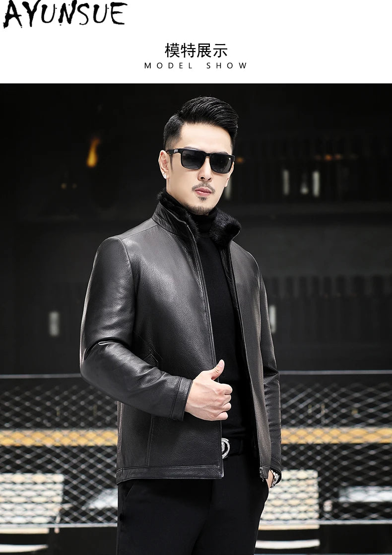 AYUNSUE 100% Real Goatskin Men Leather Jacket Stand Collar Detachable Down Liner and Mink Fur Liner Jackets Winter Mens Fur Coat