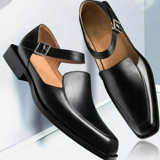 Black Men Summer Sandals – PU Leather Square-Toe Dress Shoes with Buckle Strap (EU 38–48)