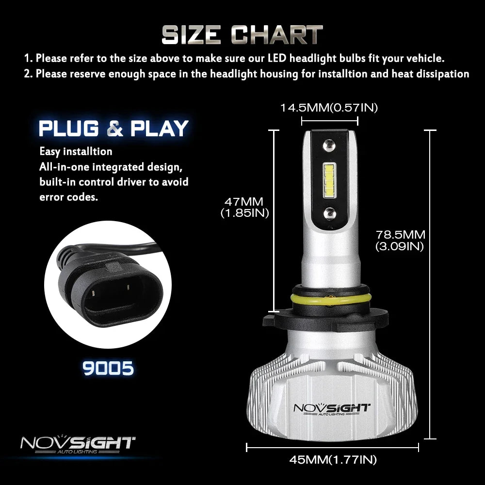 NOVSIGHT Car Headlight H4 Hi/Lo Beam LED H7 H1 H8 H9 H11 9005 9006 50W 10000lm 6500K Auto Headlamp Fog Light Bulbs
