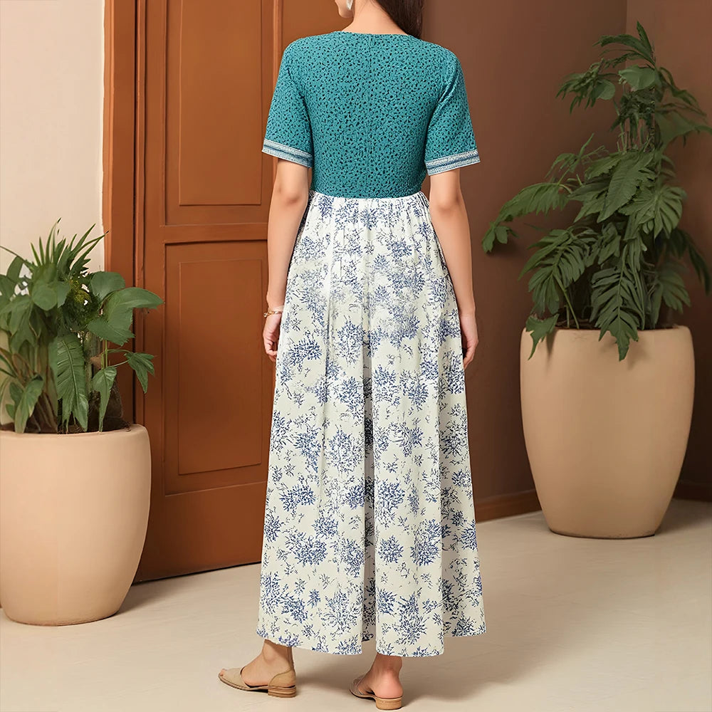 Rafiah Women's Dresses Summer Fashion Elegant 2025 Floral Cultural Short Sleeve Round Neck A-Line Midi Vacation Long Dress