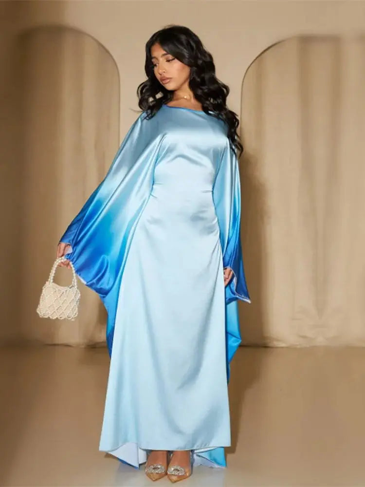 Gradient Color Shiny Batwing Satin Maxi Abaya Dubai Luxury 2024 Abayas For Women Muslim Kaftan Dress Islam Caftan Marocain Femme
