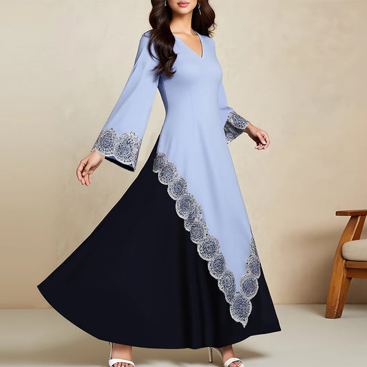 Rafiah Summer Dresses 2025 Women's Elegant Patchwork Long Flare Sleeve V-Neck Midi A-Line Basics Arabian Dress