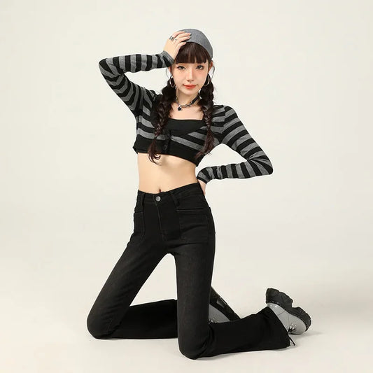 American Style Vintage Jeans Women's Slim Fit High Street Bootcut Pants 2024 Autumn Winter Slimming Petite Bootcut Trousers