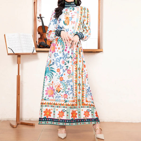 Rafiah Summer Arabian Dress 2025 Cultural Intricate Full Print Long Sleeve High Neck Midi A-Line Long Dress For Women