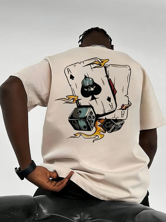 Men's summer 100% pure cotton fashionable casual loose spade a and dice printed round neck short sleeved T-shirt top