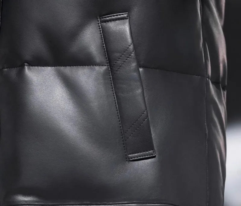 Winter Mens Sheepskin Genuine Leather Down Coat Thicken Warm Single Breasted Turn-Down Collar Medium Length Overcoat Size 5XL