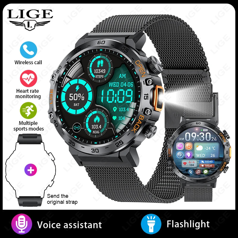 LIGE LED Flashlight Smart Watch Military Watches SOS Bluetooth Call Waterproof Health Monitor Sport Smartwatch For Android ios